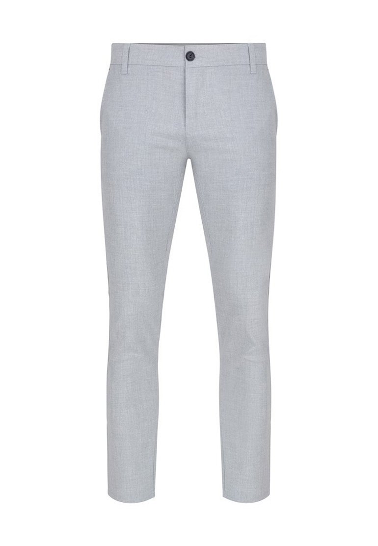 Jasnoszare spodnie o teksturowanej tkaninie, slim fit, z zapięciem na guzik i kieszeniami bocznymi. Dopasowany krój z minimalnymi detalami.