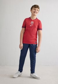 Punane Nike spordisärk lühikeste varrukatega, siniste detailide ja Norra vapiga; sobitatud tumeliste sportlike pükstega ning hallide jalanõudega. Siledast materjalist, sportlik lõige.