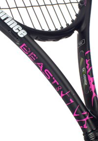 Black tennis racket with pink accents and textured grip. Features a carbon composite frame and strings woven in a standard pattern.