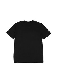 Schwarzes Baumwoll-T-Shirt mit kurzen Ärmeln, Rundhalsausschnitt und schlichter Gestaltung. Glatte Textur ohne sichtbare Muster oder Akzente.