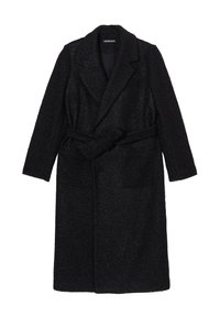 Long black coat made of textured fabric, featuring a lapel collar, long sleeves, a belted waist, and two front pockets.