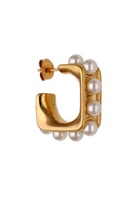 Orecchino a cerchio in oro con forma quadrata, decorato con sei perle bianche lungo un lato, finitura liscia e chiusura a spilla.