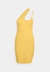 Vestido amarelo de um ombro, feito de tecido elástico, com forma ajustada, até ao joelho, apresenta um decote diagonal e uma alça spaghetti única.