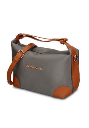Sac à main rectangulaire gris avec des anses en cuir marron, des coins et une fermeture éclair dorée, avec le logo "GIANMARCO VENTURI" en lettres dorées.