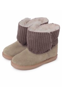 Stivaletti alla caviglia in suede marrone con parte superiore in tessuto a coste, rivestimento interno morbido e suola in gomma. Presentano un risvolto pieghevole per una regolazione facile.
