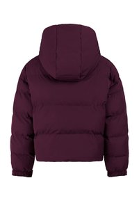 Dark purple padded jacket with a hood, long sleeves, and elastic cuffs, shown from the back on a white background.