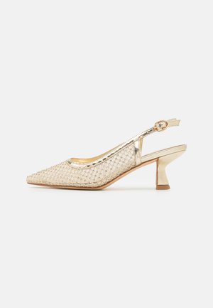 Zapato slingback dorado con punta afilada, parte superior de malla transparente tejida, detalles metálicos y tacón grueso. Acentuado con tachuelas decorativas.