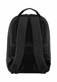 Zaino nero con schienale in rete imbottita e spallacci regolabili. Materiale liscio, forma strutturata, design minimalista, con fibbie laterali.