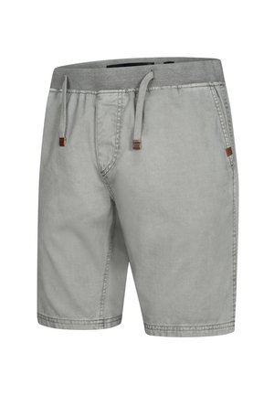 Gray shorts made of soft fabric, featuring an elastic waistband, drawstring, and side pockets. Simple design with subtle stitching details.