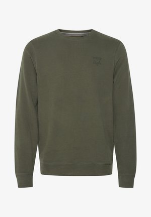 Olive green sweatshirt made of soft fabric, featuring a crew neck, long sleeves, and a small logo on the chest, with ribbed cuffs and hem.
