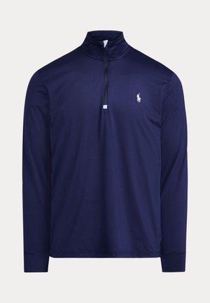 Marineblauer Langarmpullover mit Viertelreißverschluss und weiß gesticktem Polo Ralph Lauren-Logo auf der linken Brust.