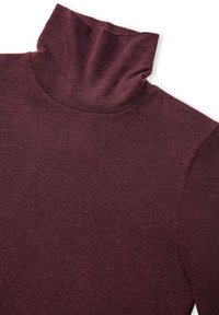 Pull col roulé bordeaux à manches longues en tissu doux avec un col plié, posé à plat sur un fond blanc.