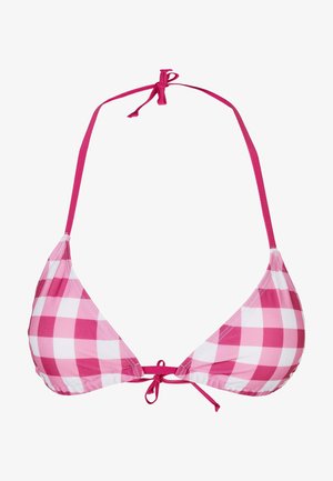 Roza in bela karirana bikini zgornji del z trikotnimi skodelicami, tankimi trakovi in osrednjo mašnjo za prilagajanje in varno prileganje.