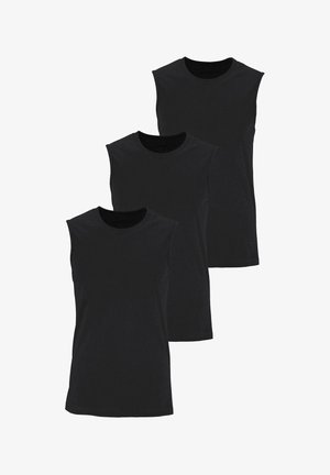 Three black sleeveless t-shirts made of cotton, featuring crew necks and a simple, smooth design. Suitable for casual wear or layering.