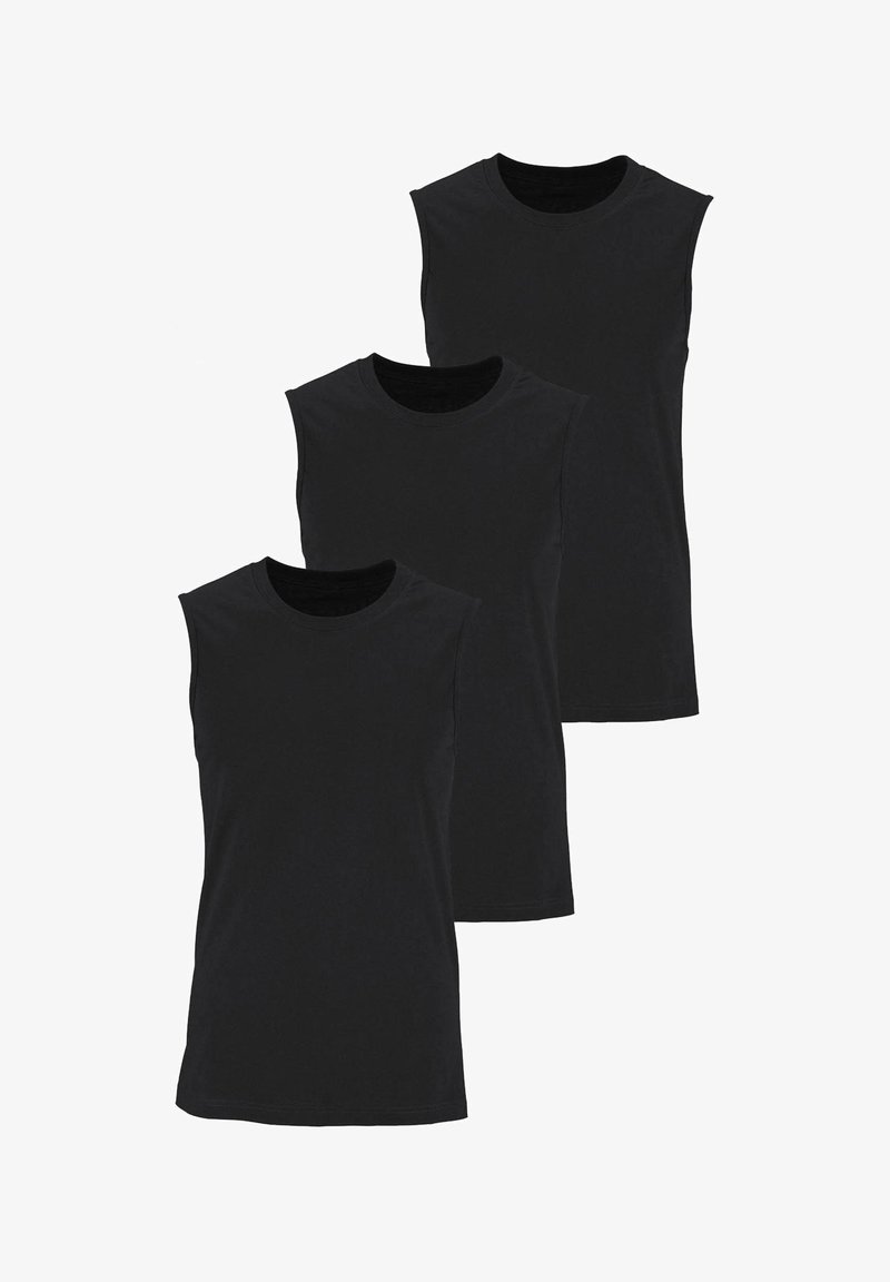 Drei schwarze ärmellose T-Shirts aus Baumwolle mit Rundhalsausschnitten und einem einfachen, glatten Design. Eignen sich für legere Kleidung oder zum Lagenlook.