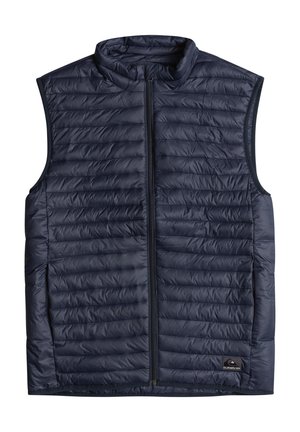 Námořnická puffer vesta s vysokým límcem, zapínáním na zip a horizontálním prošíváním. Obsahuje malou logovou nášivku blízko lemu. Lehké materiály.