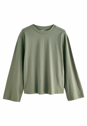 Olivegrünes Langarm-T-Shirt aus weicher Baumwolle. Mit Rundhalsausschnitt, lockerer Passform und minimalistischen Nähdetails.