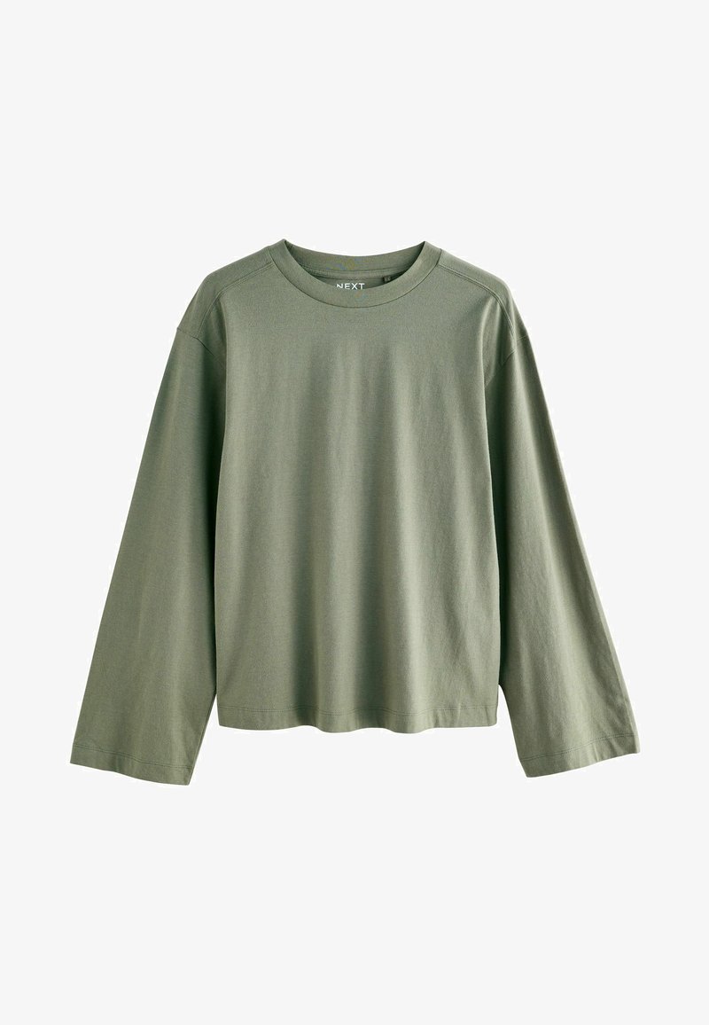 Olivgrön långärmad t-shirt i mjuk bomull. Har rund halsringning, avslappnad passform och minimala sömdetaljer.