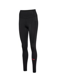 Zwarte, hoog getailleerde sportlegging met zijzak en klein rood "hummel" logo op het onderste rechterbeen.