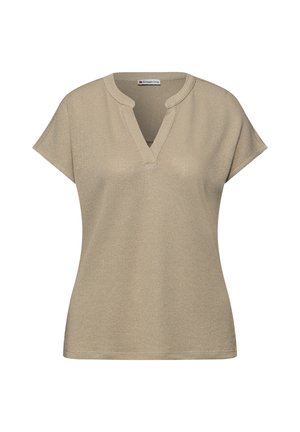 Haut beige en maille à manches courtes avec un col rond fendu et une coupe décontractée, étiquette Street One.