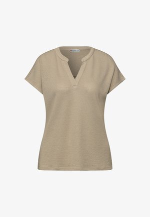 Beżowa dzianinowa bluzka o krótkim rękawie z okrągłym dekoltem z rozcięciem i luźnym krojem, oznaczona marką Street One.