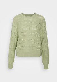 Hellgrüner, gestrickter Pullover mit rundem Halsausschnitt, langen Ärmeln und Streifenmuster mit Lochdetails. Kurz geschnittene Passform.