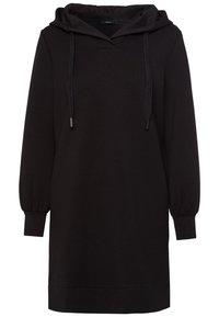 Robe noire à capuche en tissu doux, avec un col en V, des cordons de serrage et des manches longues froncées. Coupe droite avec une coupe décontractée.