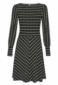 Schwarzes Kleid mit langen Ärmeln, das ein weißes Blumenmuster in horizontalen und Zickzackstreifen zeigt. Ausgestellter Rock und Knopfdetail auf der Rückseite.