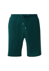 Short en tissu texturé vert foncé avec taille élastique et cordon ajustable avec embouts argentés, présenté sur fond blanc.