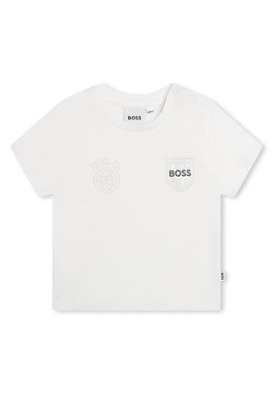 T-shirt bianco a maniche corte per neonati con loghi BOSS, bottoni a pressione sulla spalla e globo ricamato con tre stelle sul petto.