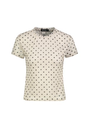 Weißes kurzärmeliges Mesh-Top mit schwarzen Polka-Dots und rundem Halsausschnitt, von der Marke Sublevel, Größe M.