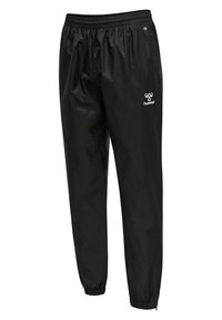 Schwarze leichte Sporthose mit elastischem Bund und Bündchen, mit weißem Hummel-Logo am oberen Oberschenkel.