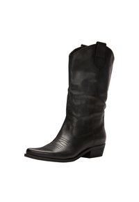 Czarny skórzany kowbojski but z zaostrzonym noskiem, ozdobnym przeszyciem na cholewce i pętlami do ściągania; posiada niski, warstwowy obcas.