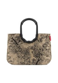 Sac fourre-tout avec un motif d'arbre noir détaill�é sur un fond beige, disposant d'une poignée noire flexible et d'une forme rectangulaire.