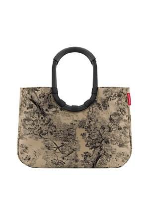 Tote bag with a detailed black tree pattern on a beige background, featuring a flexible black handle and a rectangular shape.