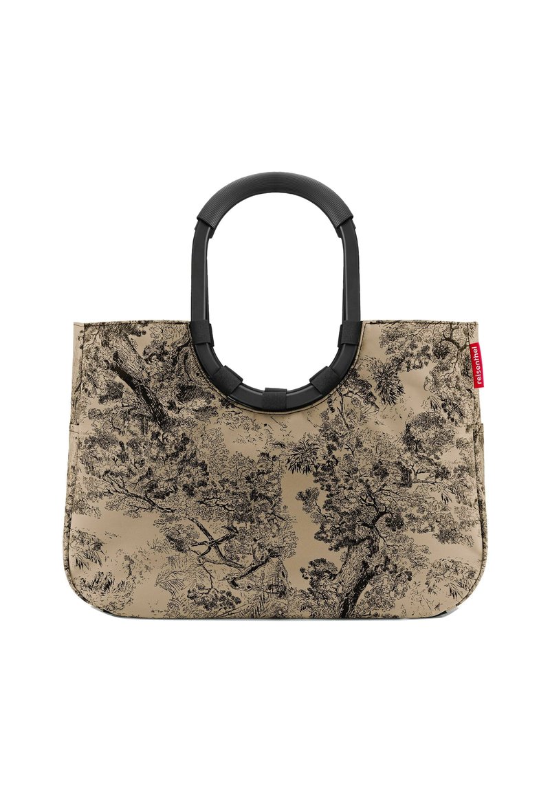 Sac fourre-tout avec un motif d'arbre noir détaillé sur un fond beige, disposant d'une poignée noire flexible et d'une forme rectangulaire.