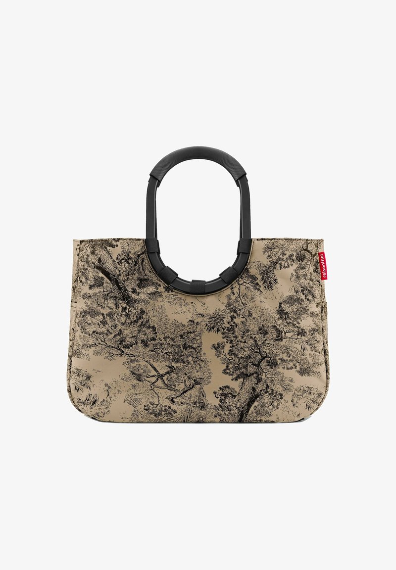 Tote-Bag mit einem detaillierten schwarzen Baum-Muster auf beige Hintergrund, ausgestattet mit einem flexiblen schwarzen Griff und in rechteckiger Form.