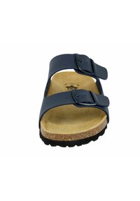 Blue leather slide sandal with two adjustable buckles, cork footbed, and textured black rubber sole. Minimalistic design with flat profile.
