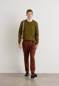 Olivgrüner Pullover, weißes Hemd mit Kragen und braune Hose. Das Modell trägt schwarze Schuhe und eine hellgraue Schultertasche. Schlichter Hintergrund.