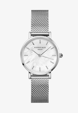 Orologio con cinturino in rete argentata e quadrante rotondo in madreperla bianca. Presenta indici e lancette argentati, con corona a pressione.