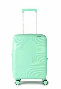 Valise rigide en mint avec un design à motifs, une poignée rétractable et quatre roues pour la mobilité. Dispose d'un logo Mickey Mouse.