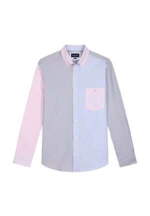 Chemise rayée à manches longues, avec des sections rose pâle, bleue et blanche. Inclut une poche poitrine sur le panneau bleu.