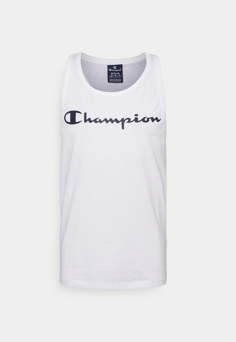 Bílý bavlněný top na ramínka s kulatým výstřihem, se zřetelným tmavě námořnickým logem "Champion" potištěným na přední straně. Jednoduchý design, žádné vzory.