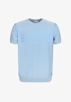 Hele helesinise lühikeste varrukatega ümar kaelusiga sviiter, millel on horisontaalne triibuline tekstuur, valmistatud kudumiskangast ning ribatakud ja -varrukad.