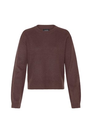 Brun strikket genser med rund hals, lange ermer og cropped passform. Teksturert ribbing overalt. Ingen mønstre eller maskinvare synlig.