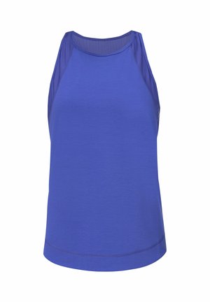 Blauw mouwloos sporttopje met geribbelde schouderpanelen en een ronde halslijn. Soepele textuur met een lichte glans. Rechte zoom.