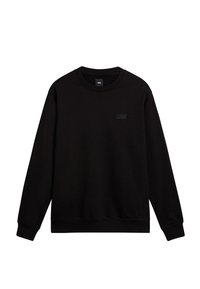 Sudadera negra hecha de una mezcla de algodón, con cuello redondo, mangas largas y un pequeño parche de logo negro en el pecho. Diseño sencillo.