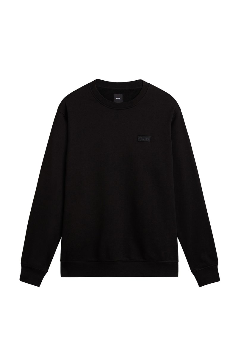 Sudadera negra hecha de una mezcla de algodón, con cuello redondo, mangas largas y un pequeño parche de logo negro en el pecho. Diseño sencillo.