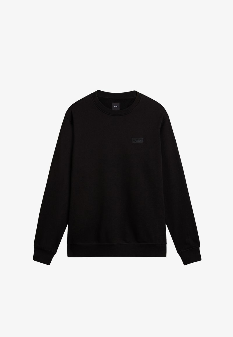 Sudadera negra hecha de una mezcla de algodón, con cuello redondo, mangas largas y un pequeño parche de logo negro en el pecho. Diseño sencillo.