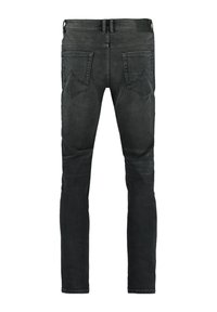 Black denim jeans with a slim fit, featuring a smooth texture, standard five-pocket design, and a leather patch at the back waistband.